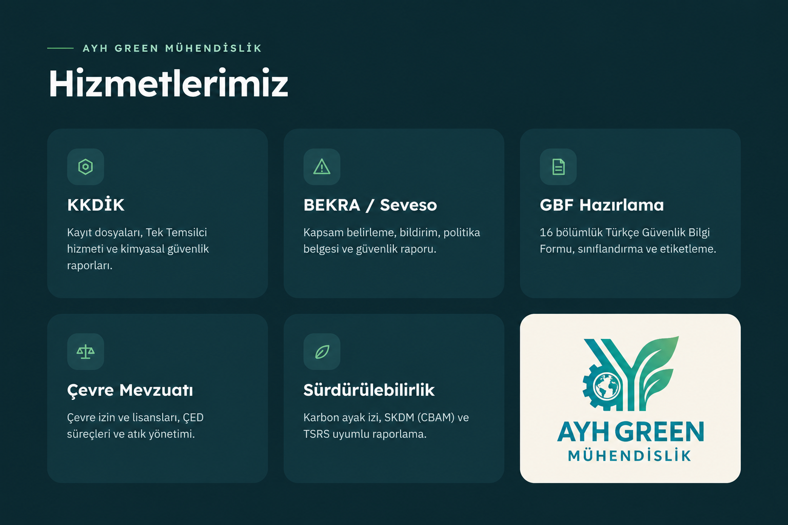 AYH GREEN hizmetleri: KKDİK, BEKRA / Seveso, GBF hazırlama, çevre mevzuatı ve sürdürülebilirlik